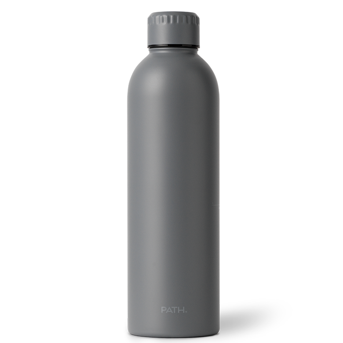Front view of PATH hydro insulated water bottle showing matte gray finish, screw-top cap on white background