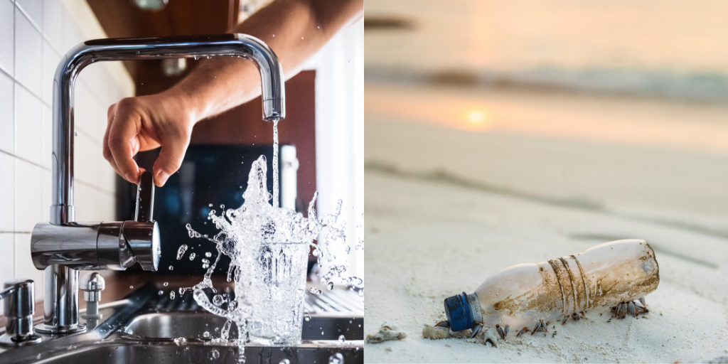 Hand turning a kitchen faucet as water splashes into a glass, contrasted with a discarded plastic bottle lying on a sandy beach at sunset
