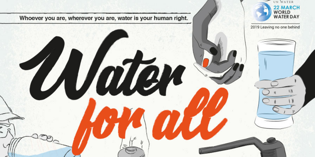 Illustrated banner Water for all showing hands offering a glass of water and a pill with UN World Water Day logo