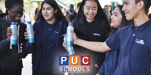 Students smiling and holding PATH Water reusable aluminum bottles outdoors with overlaid PUC Schools logo