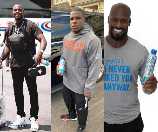 Three NFL players holding PATH aluminum bottled water in a collage, right figure wearing gray shirt reading I NEVER LIKED YOU