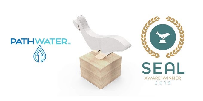 Graphic showing PATHWATER logo, wooden award trophy, and SEAL Award Winner 2019 badge