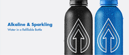 Two reusable PATHWATER aluminum bottles (black, blue) with logo and droplets; overlay text 'Alkaline & Sparkling'