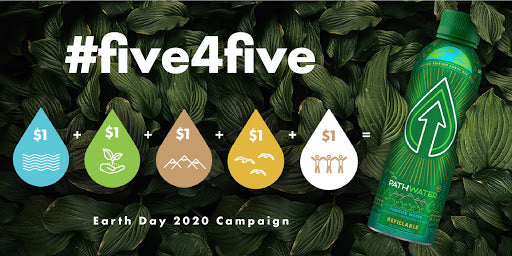 Promotional banner showing five donation icons combining into a PATH Water special edition bottle for the five4five Earth Day 2020 campaign