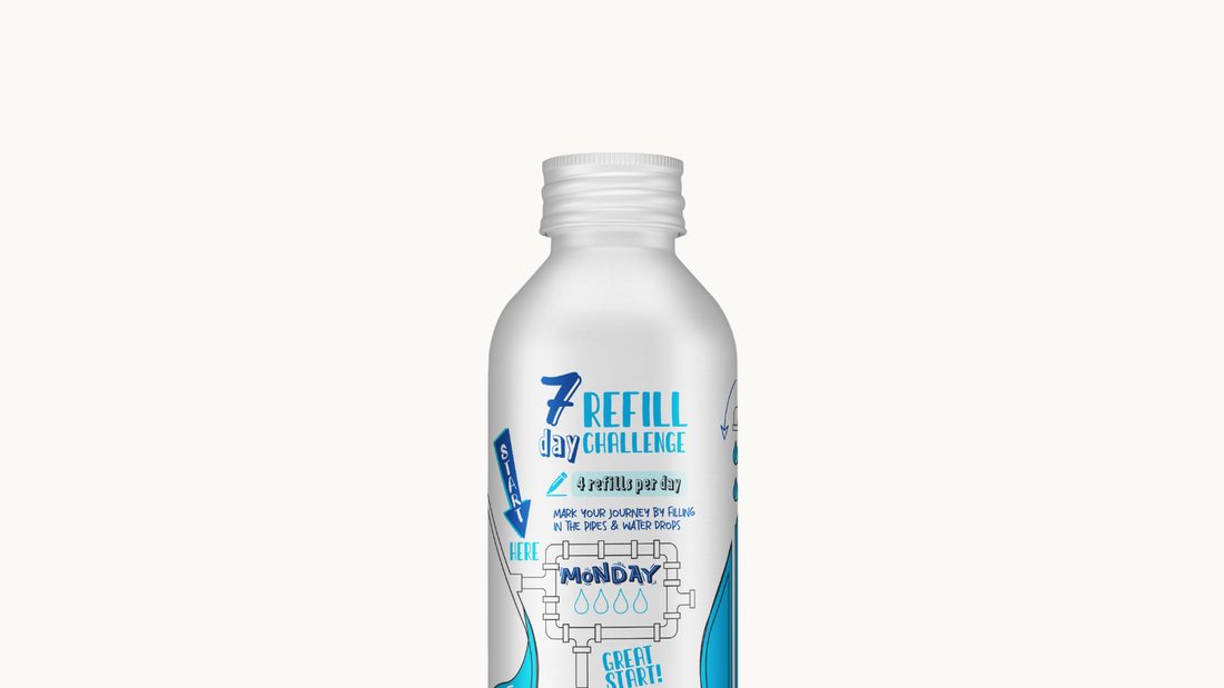 Front view of PATH aluminum bottled water showcasing "7 Refill Day Challenge" campaign label and refill tracker on white background