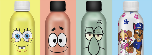 Front view of four PATH aluminum water bottles with SpongeBob, Patrick, Squidward, and PAW Patrol designs