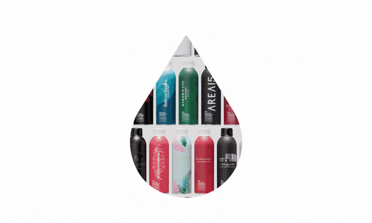 Front view of multiple aluminum PATH Water bottles showcasing varied custom label designs inside a water-drop shaped cutout on white background