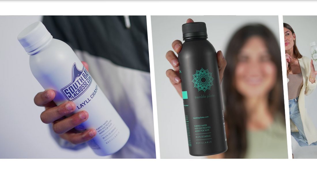 Three people holding custom-branded reusable water bottles in a three-panel collage showcasing different label designs and finishes