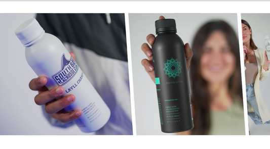 Three people holding custom-branded reusable water bottles in a three-panel collage showcasing different label designs and finishes