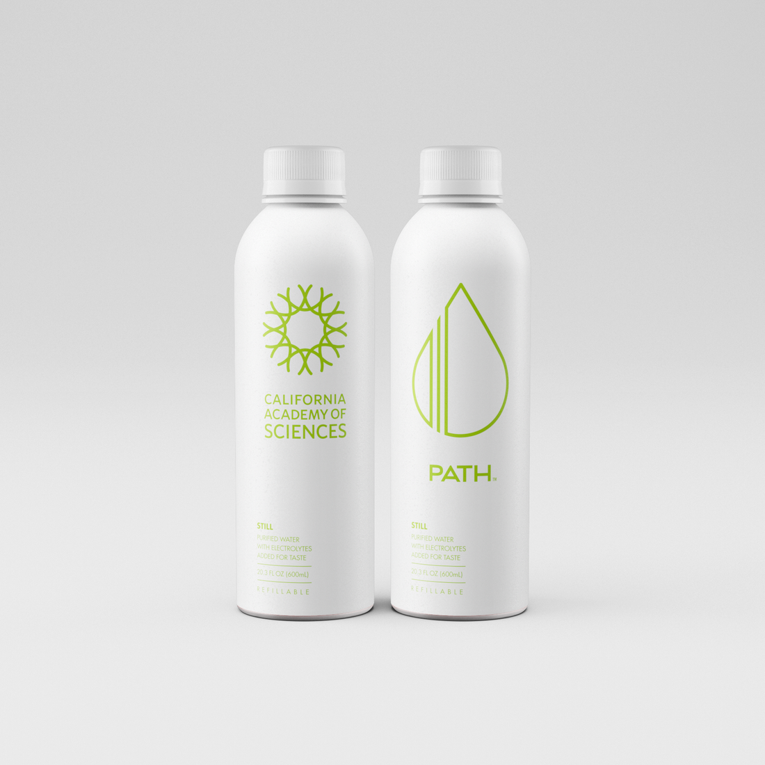 Front view of two aluminum PATH water bottles co-branded with California Academy of Sciences showcasing green logos and refillable text on white background