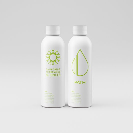 Front view of two aluminum PATH water bottles co-branded with California Academy of Sciences showcasing green logos and refillable text on white background