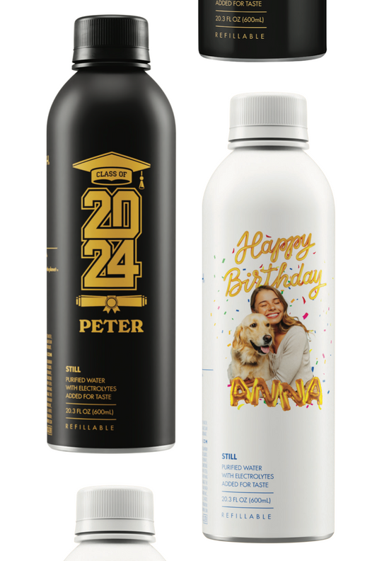 Front of PATH aluminum bottled water with customizable labels: black Class 2024 Peter and white Happy Birthday Anna designs