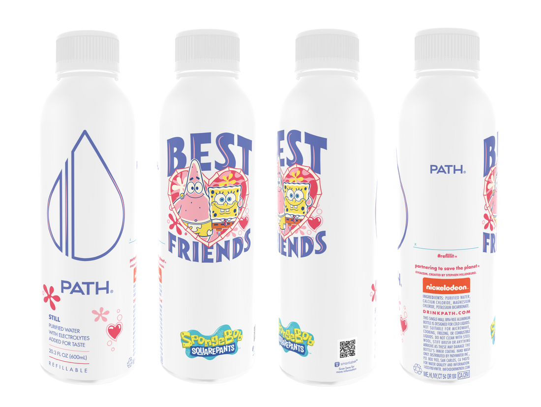 Front and side views of PATH refillable 20.3 fl oz aluminum water bottles showcasing SpongeBob SquarePants and Patrick "Best Friends" wrap on white background
