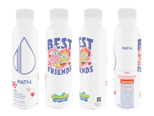 Front and side views of PATH refillable 20.3 fl oz aluminum water bottles showcasing SpongeBob SquarePants and Patrick "Best Friends" wrap on white background