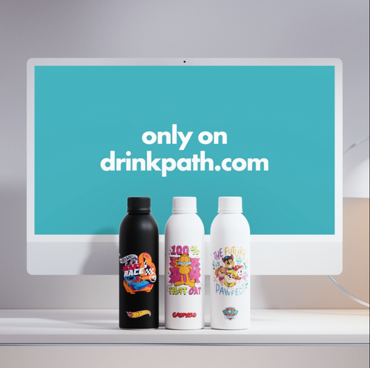Front view of three PATH aluminum water bottles with cartoon collab designs before a monitor saying only on drinkpath.com