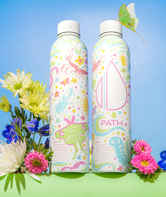 Two PATH aluminum water bottles with pastel autism-acceptance artwork and PATH logo on blue background with flowers