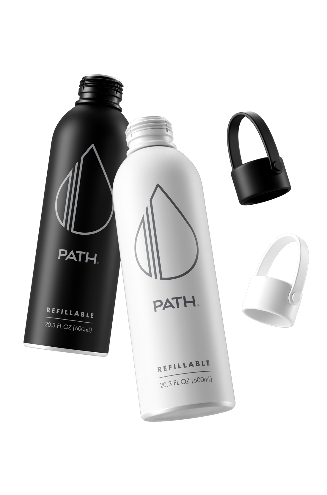 Angled view of two PATH Air refillable bottles, one black and one white, showing PATH logo and REFILLABLE 20.3 FL OZ (600mL) text on a white background
