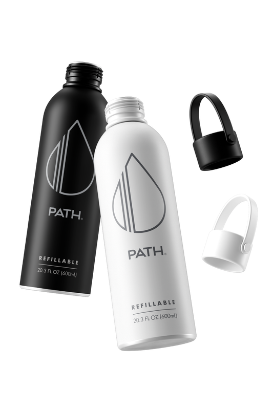 Angled view of two PATH Air refillable bottles, one black and one white, showing PATH logo and REFILLABLE 20.3 FL OZ (600mL) text on a white background