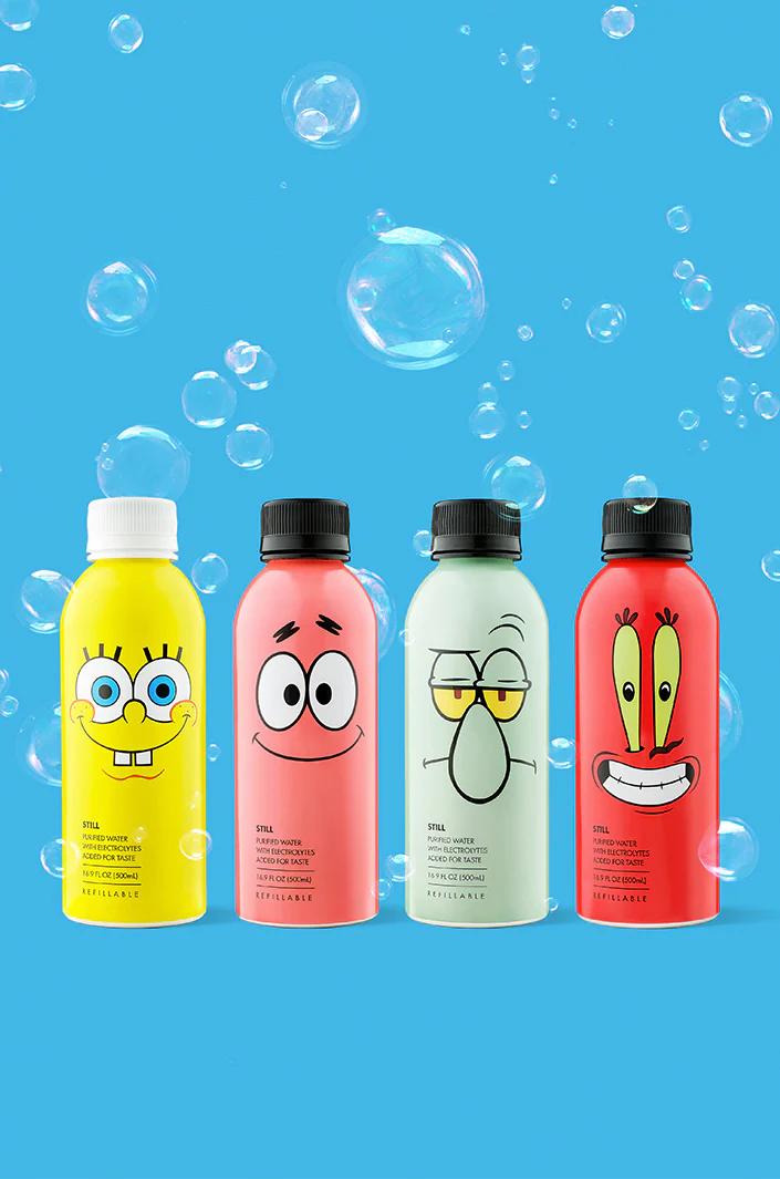 Front view of four SpongeBob refillable aluminum water bottles showing SpongeBob, Patrick, Squidward, and Mr. Krabs faces on a blue background with bubbles
