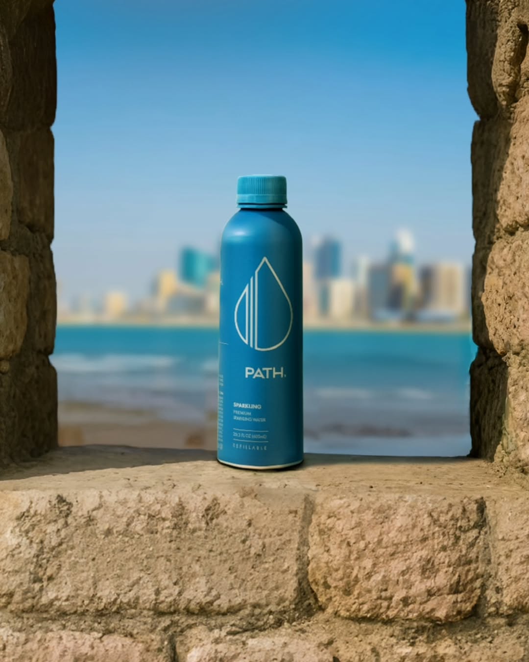 Front view of blue PATH refillable aluminum bottle showing logo and matte finish on a stone ledge with ocean and blurred city skyline background