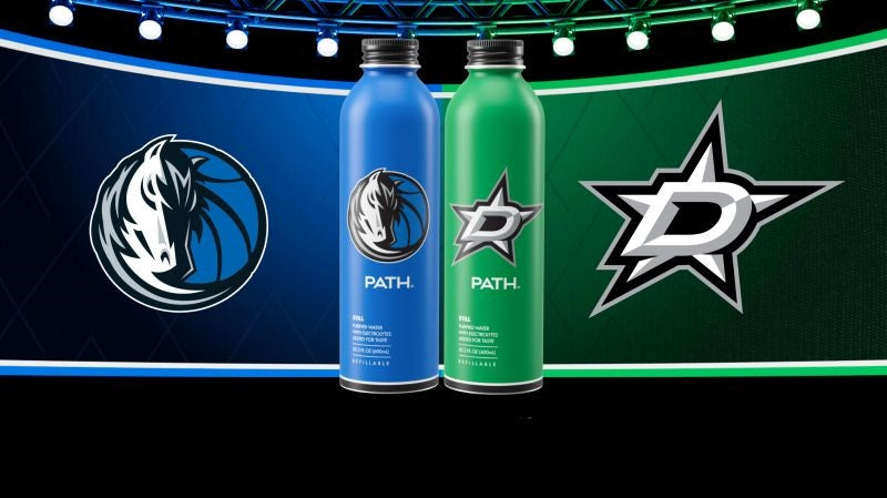 Front view of two PATH aluminum bottles, blue Mavericks and green Stars, showcasing team logos with arena lights behind them
