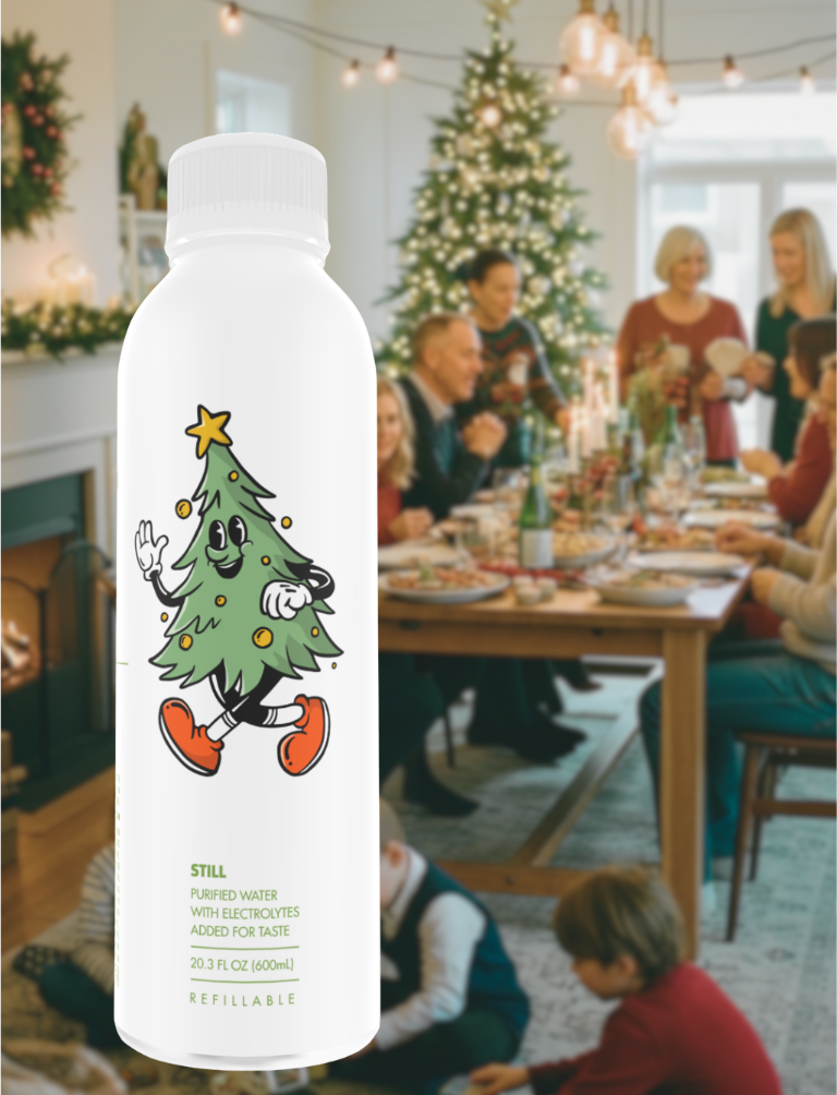 Front view of PATH water bottle with cartoon tree label and Still purified water with electrolytes text blurred family scene