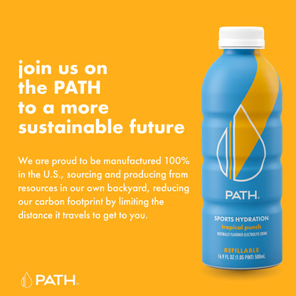 PATH Sports Hydration tropical punch bottle on orange background with Join us on the PATH to a more sustainable future