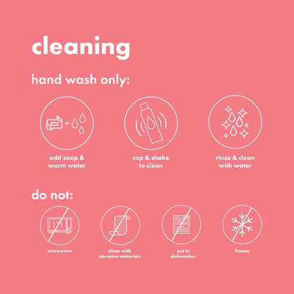 Bottle cleaning: hand wash only; use soap and warm water, shake, rinse; avoid microwave, abrasives, dishwasher and freezing