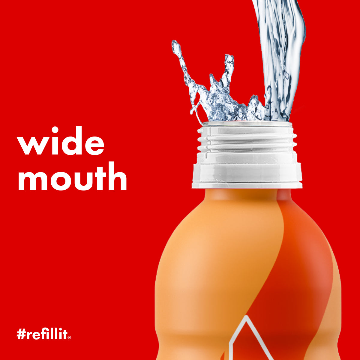 Close-up of sports hydration bottle showcasing its wide mouth with a water splash on a red background