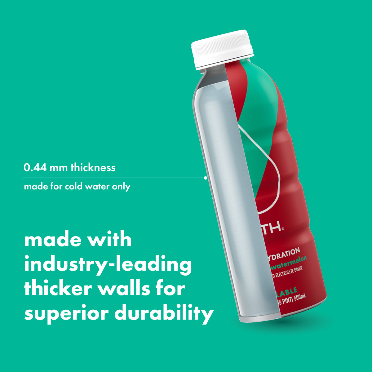 Angled view of PATH sports hydration bottle showcasing 0.44 mm thick walls for durability on a teal background