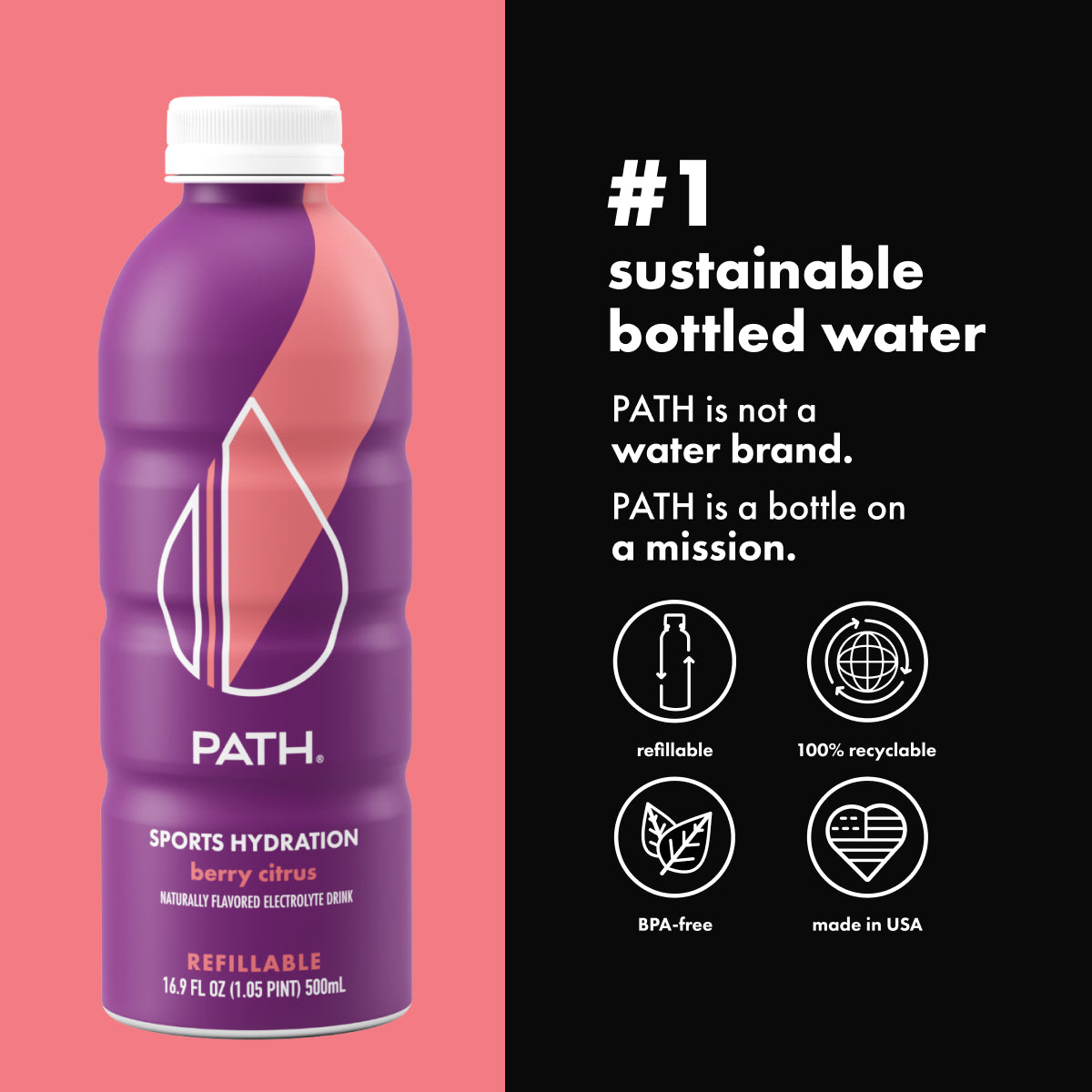 Front view of purple berry citrus sports hydration bottle showcasing refillable and recyclable features with sustainable bottled water headline