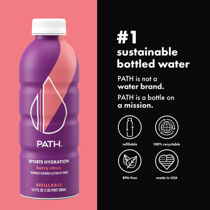 Front view of purple berry citrus sports hydration bottle showcasing refillable and recyclable features with sustainable bottled water headline