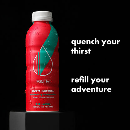 Front view of reusable strawberry watermelon Sports Hydration bottle with quench your thirst, refill your adventure headline