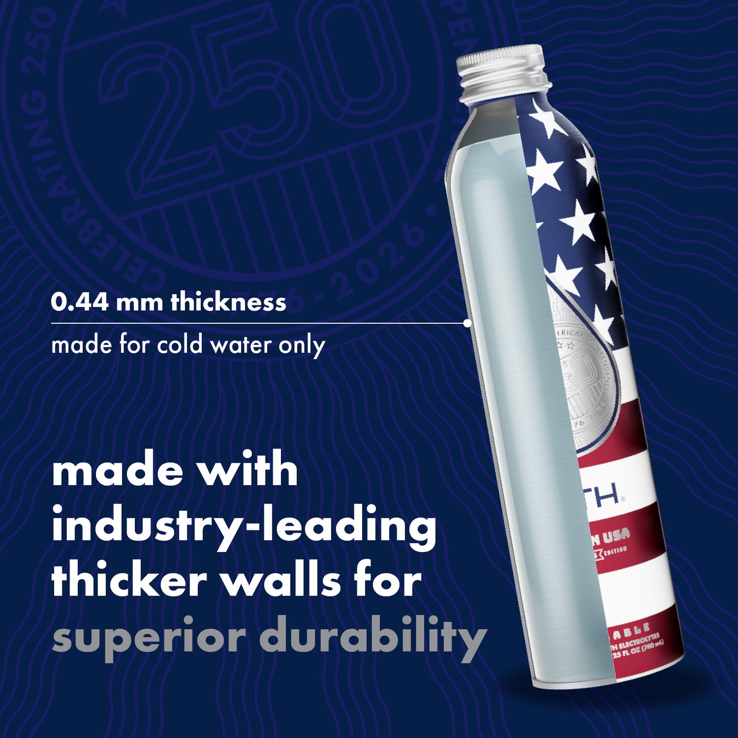 Angled view of Silver Made in USA 2026 aluminum bottle showing 0.44 mm wall thickness and made for cold water only text