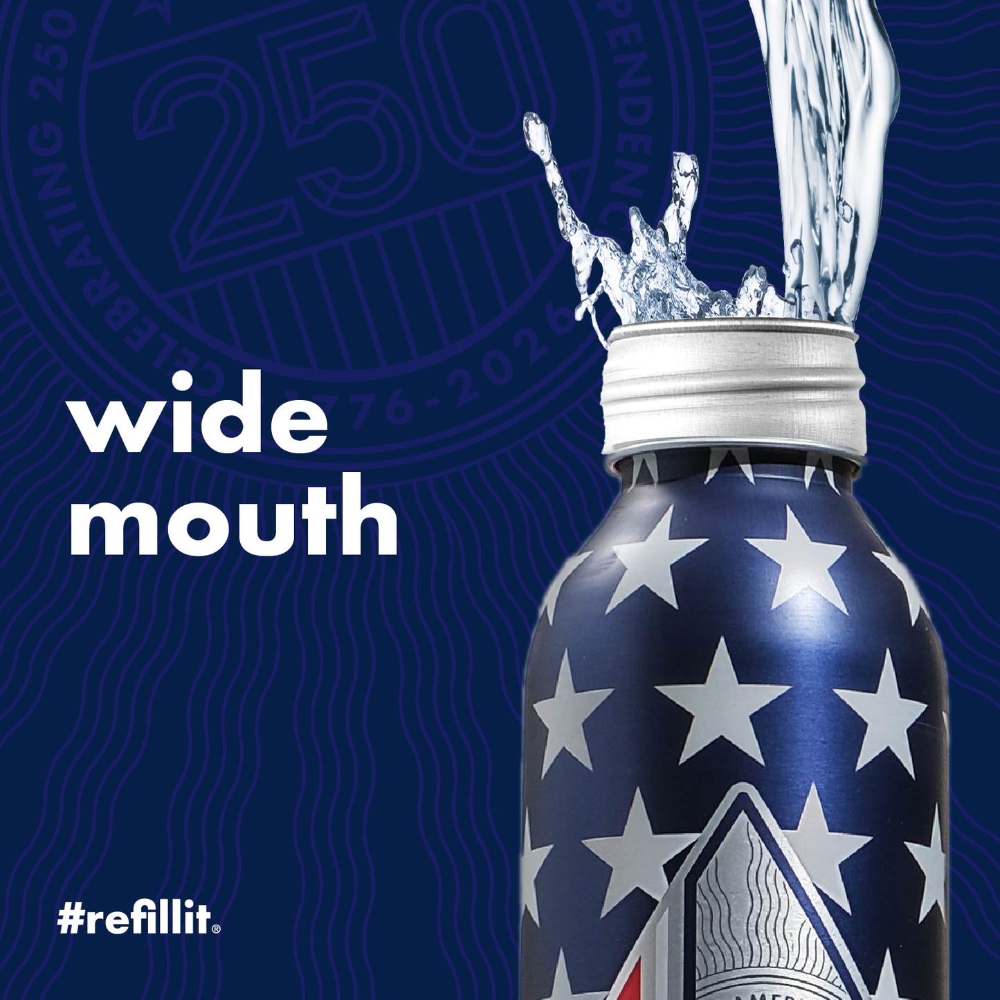 Close-up of 2026 Silver Made in USA aluminum bottled water showing wide mouth opening and star pattern on blue background