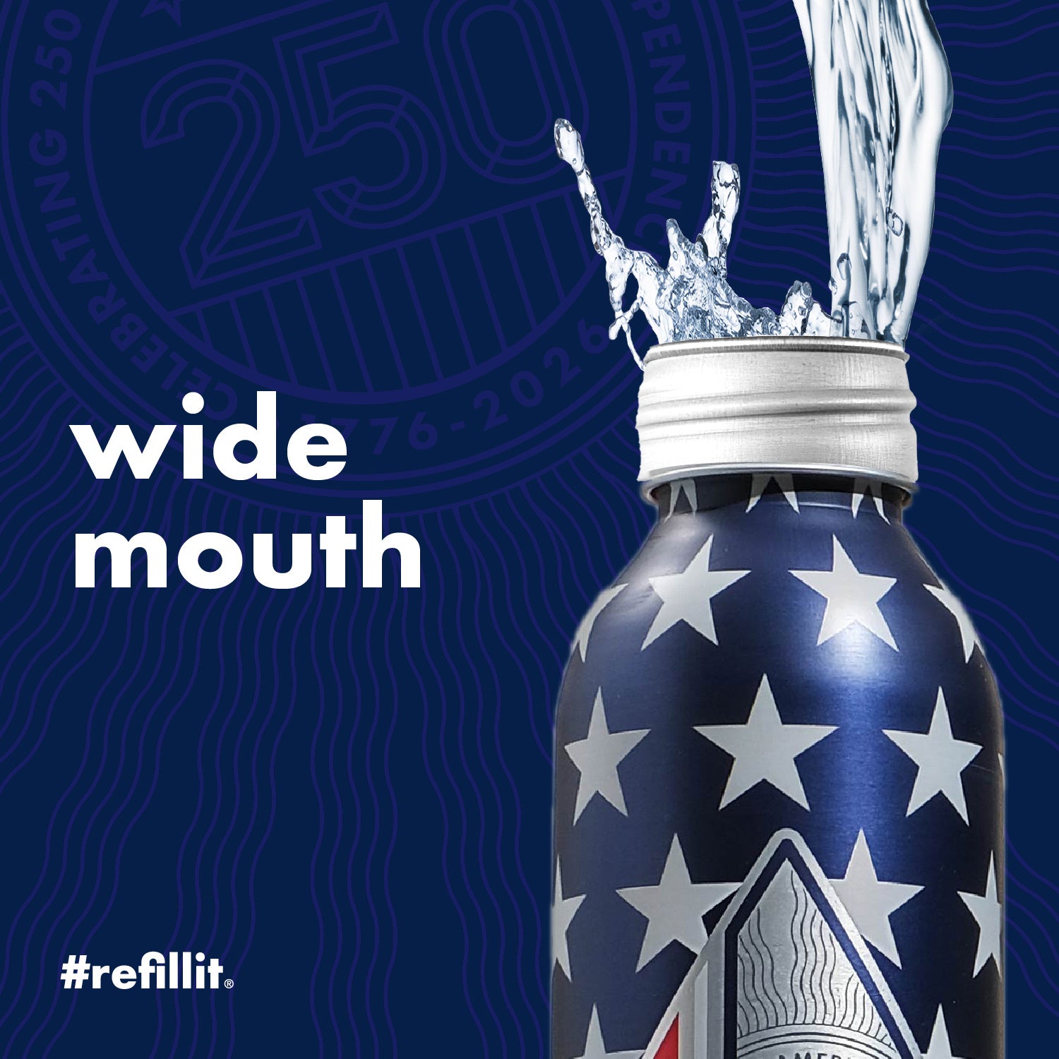 Close-up of 2026 Silver Made in USA aluminum bottled water showing wide mouth opening and star pattern on blue background
