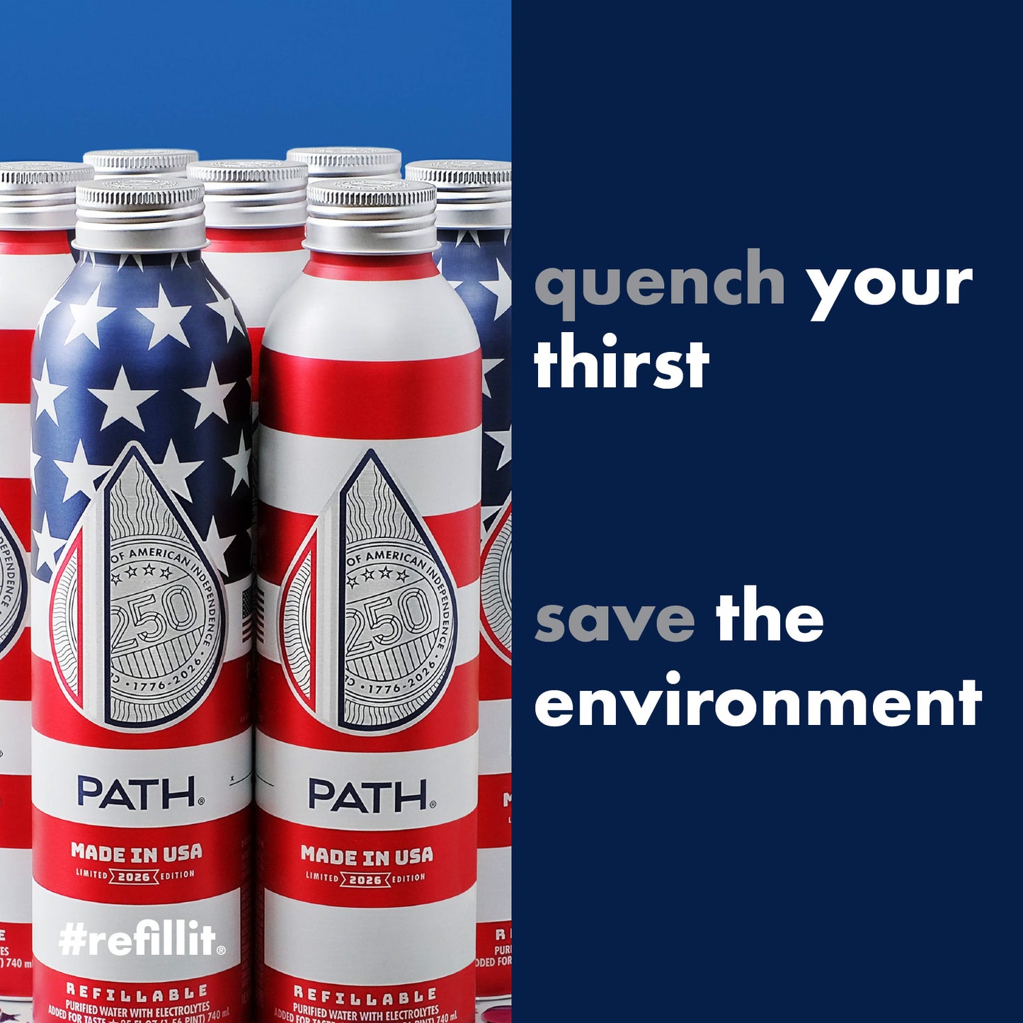Close-up of silver Made in USA 2026 aluminum bottle showing flag design, PATH logo, and navy panel reading quench your thirst