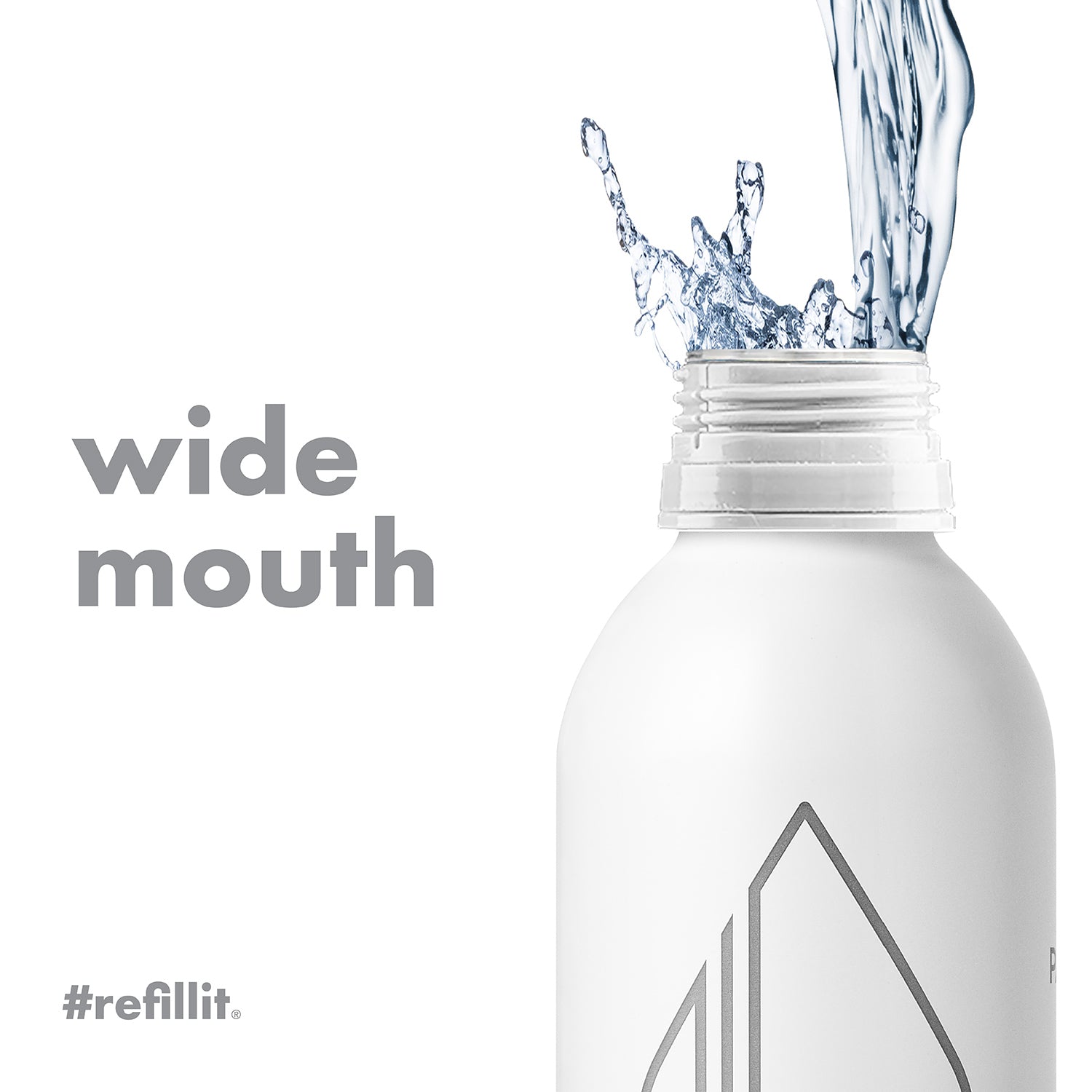 Close up of Minions 20oz refillable bottled water showing wide mouth and water splashing from the opening on white background