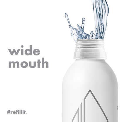 Close up of Minions 20oz refillable bottled water showing wide mouth and water splashing from the opening on white background