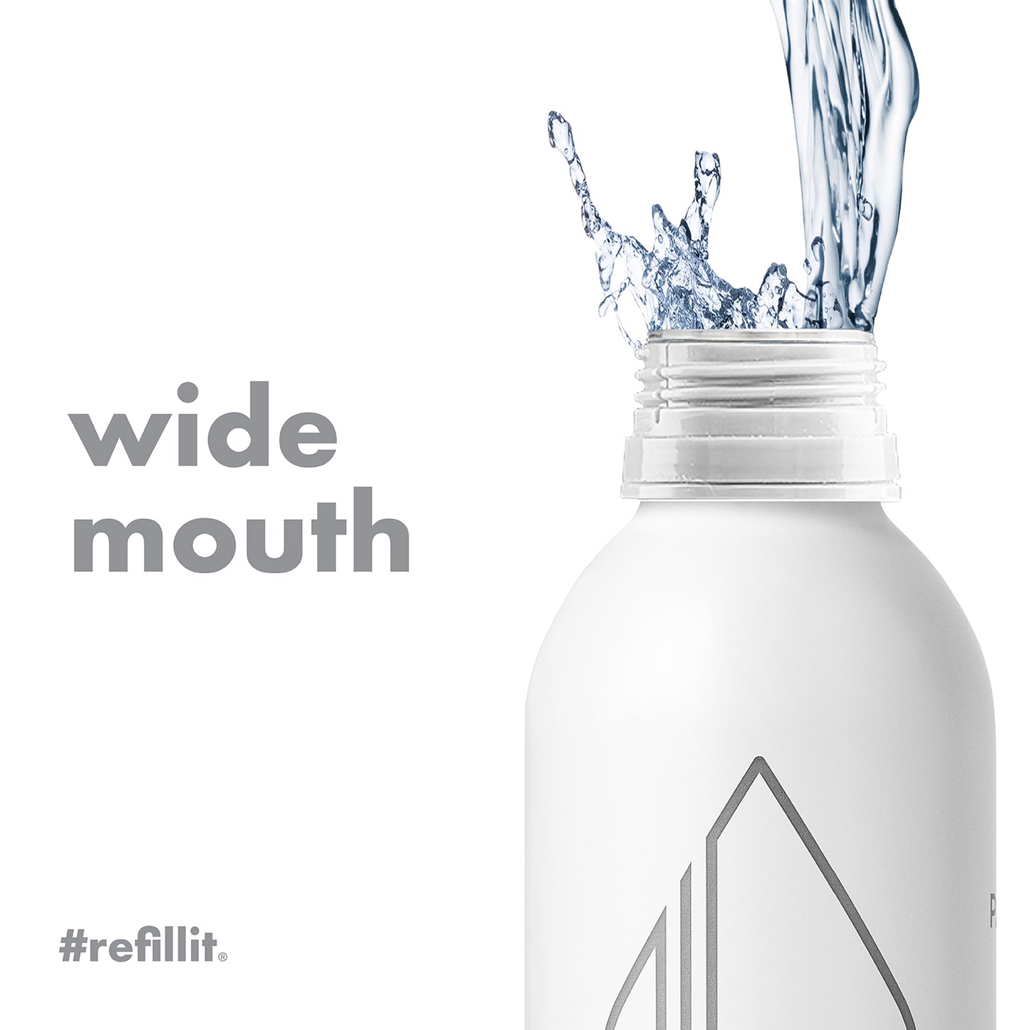 Close-up of Barbie 20oz refillable bottle showing large wide mouth headline and water splash at the open top on white background