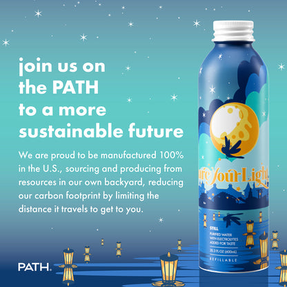 Banner reading ‘join us on the PATH to a more sustainable future’ with right-side PATH Give Kids The World 20.3 oz refillable bottle