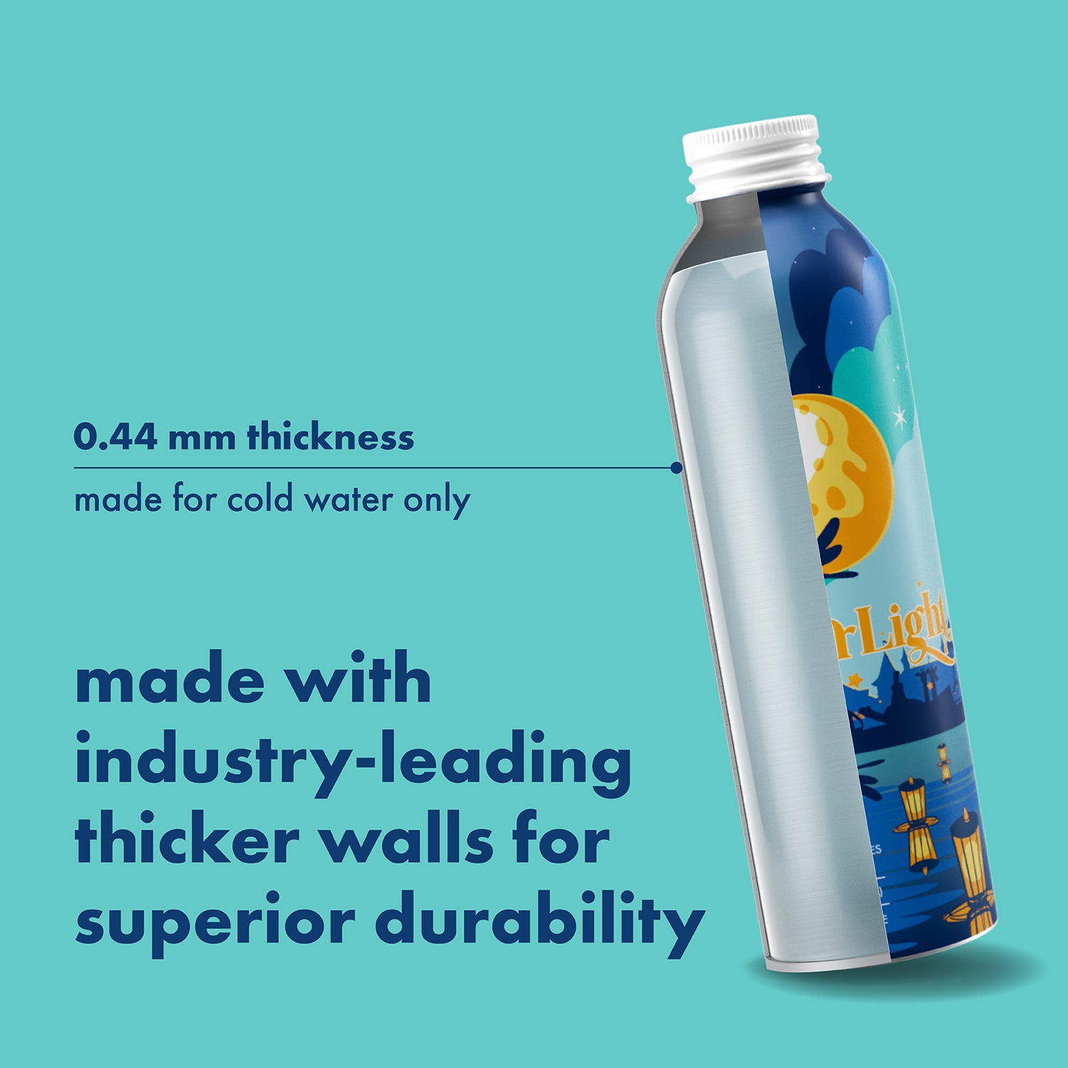 Graphic showing a cutaway of the 20.3 oz Give Kids The World reusable aluminum bottle with ‘0.44 mm thickness’ and ‘made for cold water only’ callouts