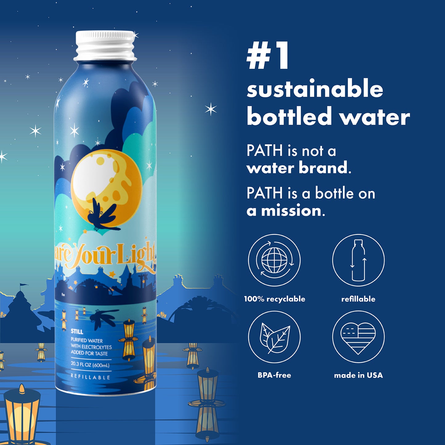 Promotional graphic showing PATH Share Your Light bottle, headline number 1 sustainable bottled water, and sustainability icons
