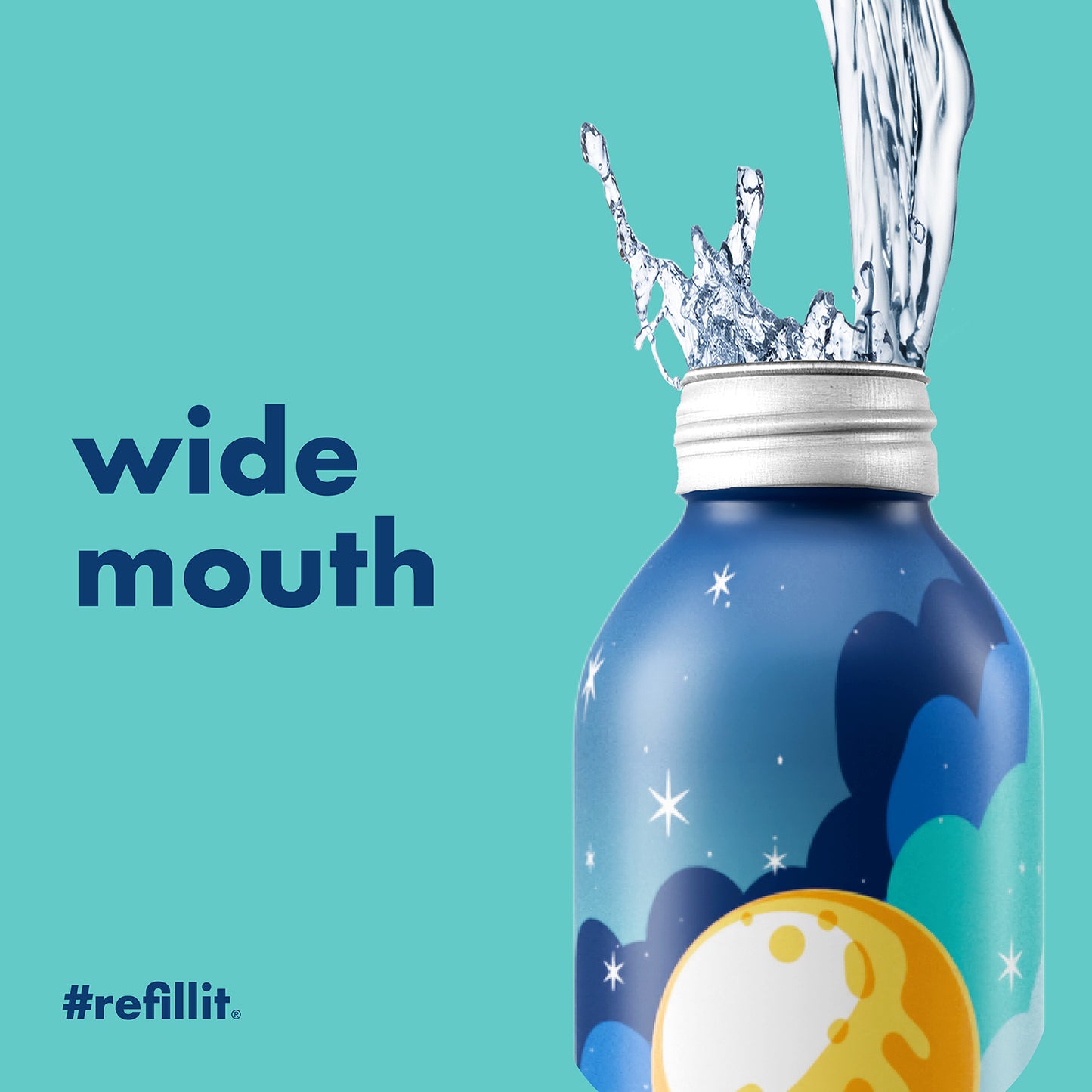 Close-up of Give Kids The World 20.3 oz refillable aluminum bottle showing wide-mouth opening and night-sky illustration on teal background