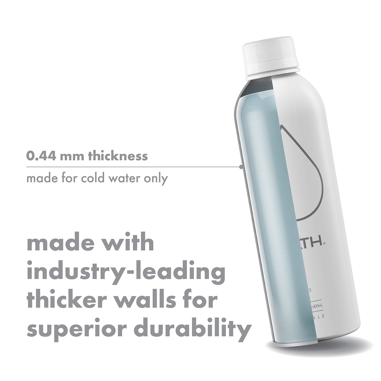 Graphic of bottle cross-section showing 0.44 mm thickness and cold water only, highlighting thicker walls for durability
