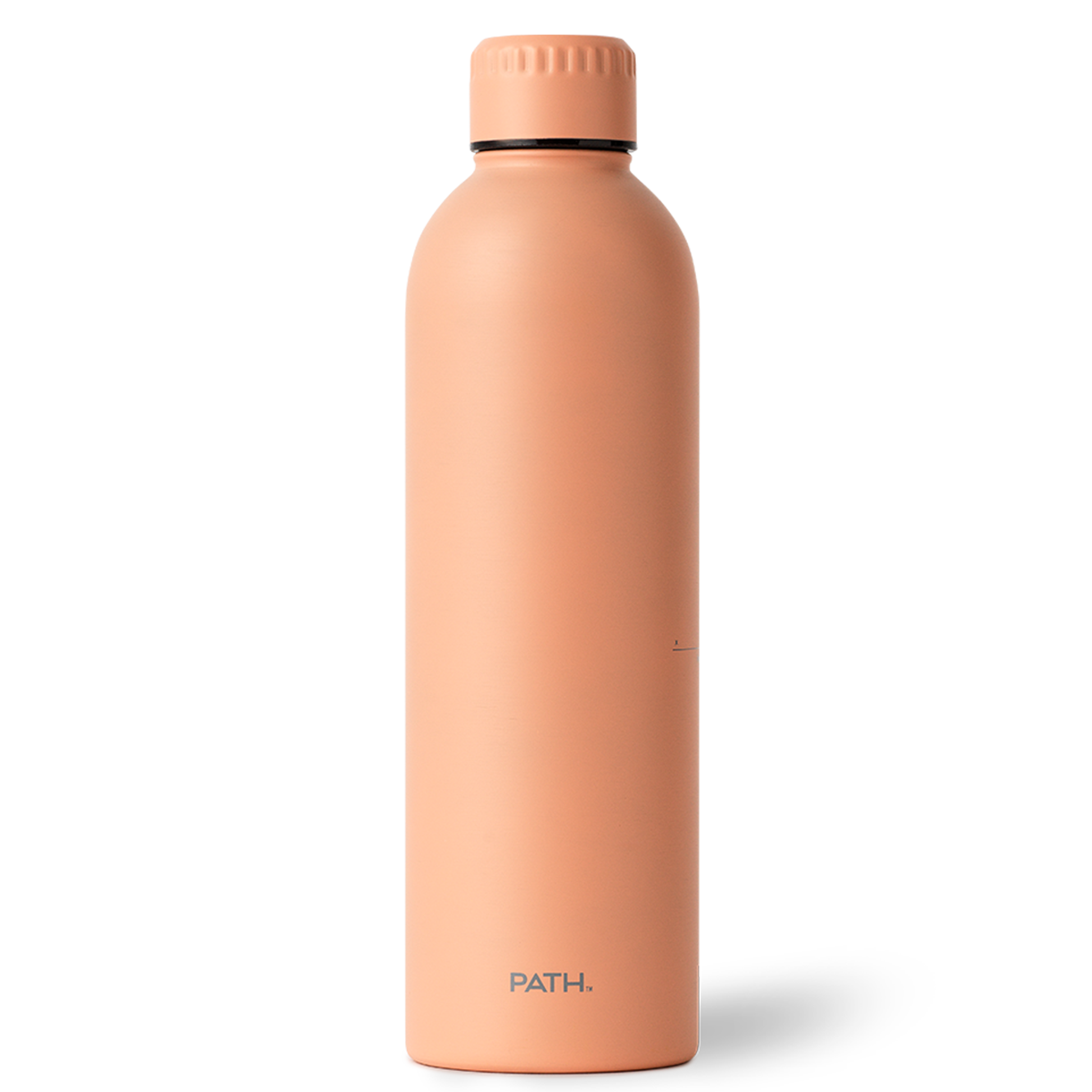 Front view of PATH hydro water bottle in peach showing screw-top cap and PATH logo on white background