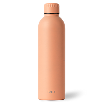 Front view of PATH hydro water bottle in peach showing screw-top cap and PATH logo on white background