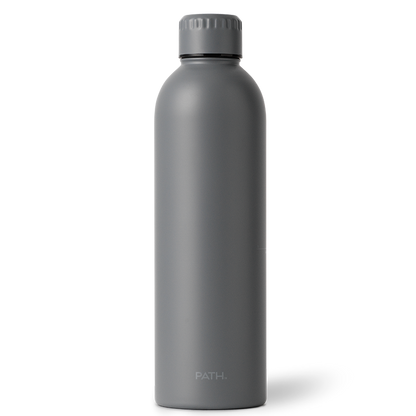 Front view of PATH hydro insulated water bottle showing matte gray finish, screw-top cap on white background