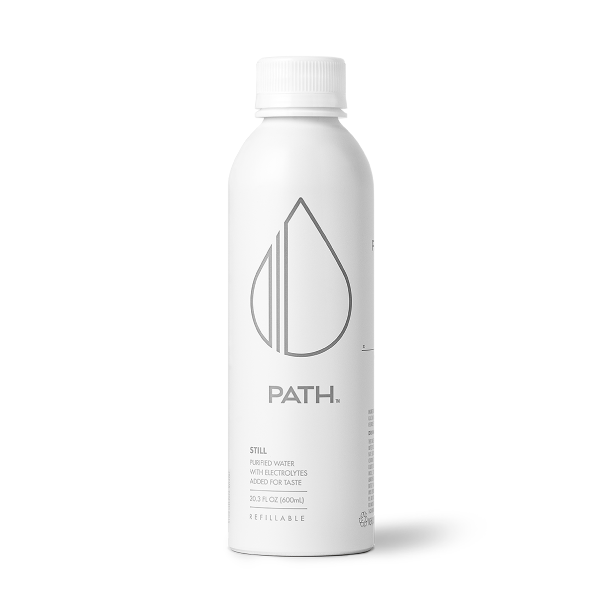 Front view of PATH Still bottled water in a white 20.3 fl oz aluminum refillable bottle on a black background