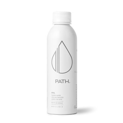Front view of PATH Still bottled water in a white 20.3 fl oz aluminum refillable bottle on a black background